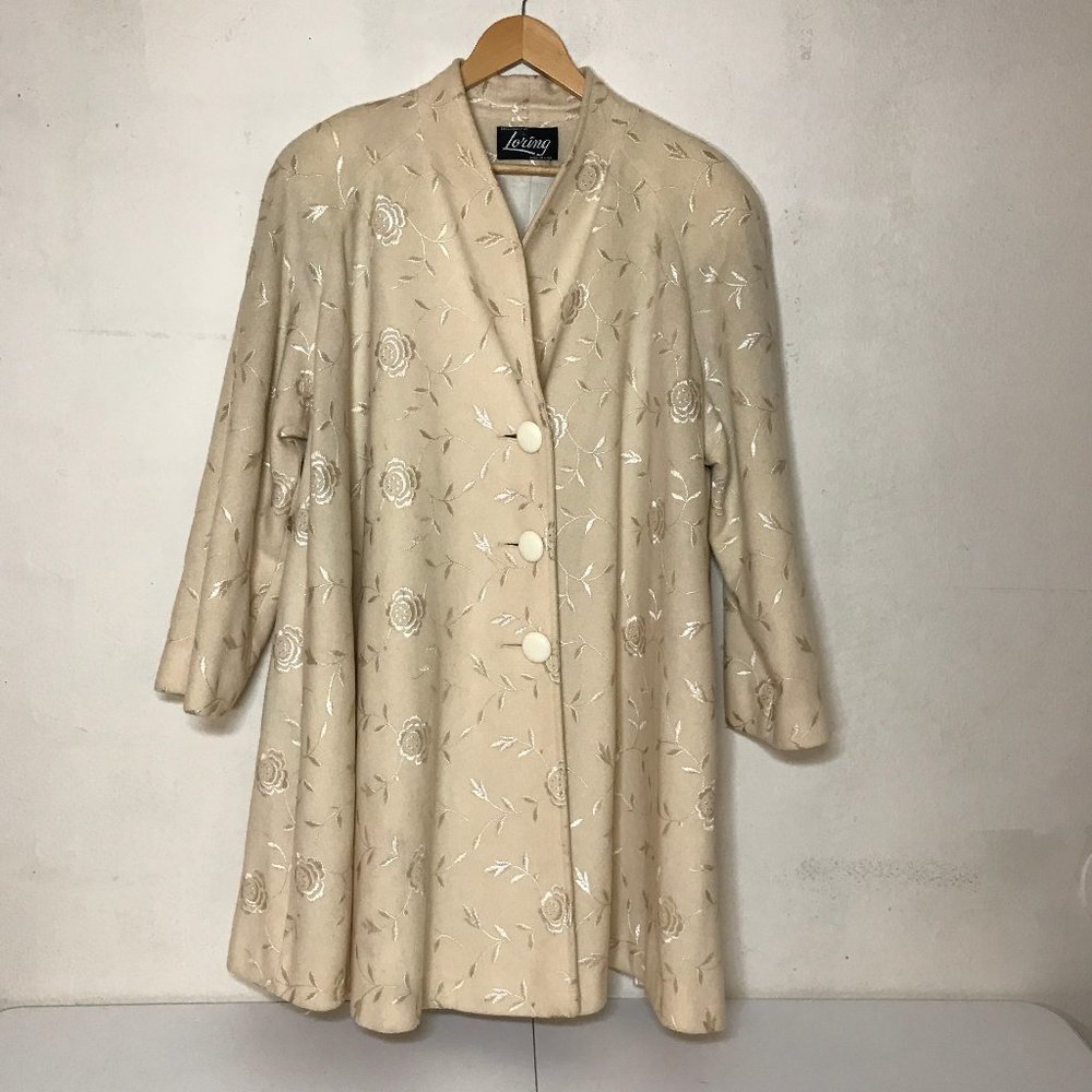 Vintage Fully Floral Embroidered Wool Swing Button Front Lined Coat Size 3X